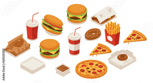 Delicious fast food collection in isometric style featuring burgers, pizza, and drinks