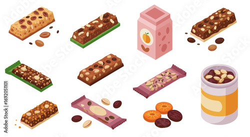 Delicious isometric snack bars and packaging with nuts and fruits