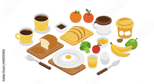 Isometric breakfast variety with coffee, bread, and fruit