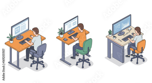 Isometric workspace setup with three diverse office scenes and employees