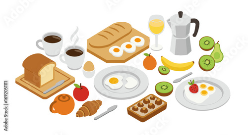 Isometric breakfast set with eggs, bread, fruit, and coffee