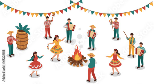 Isometric festive folk dance around campfire with traditional music and colorful banners