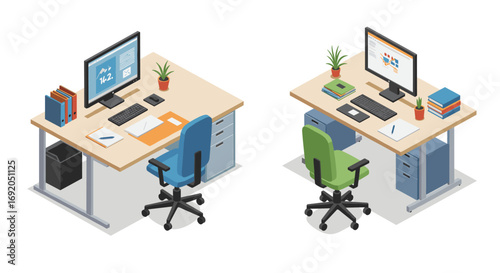 Isometric office desks with modern chairs and computers