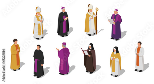 Isometric religious leaders in traditional clerical garments on white background