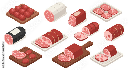 Isometric set of various meats on platters and boards for culinary display