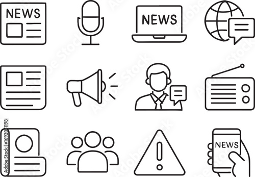 News and communication icons set with newspaper microphone laptop globe computer