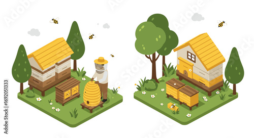 Isometric beekeeping scene with apiary and beekeeper in lush garden