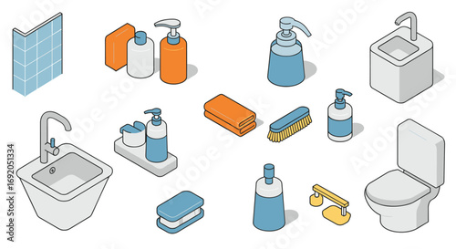 Isometric bathroom essentials: soap dispenser, towel, sink, and more