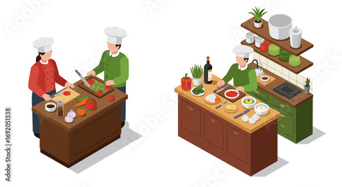 Chefs cooking together in modern kitchen with fresh ingredients in isometric style