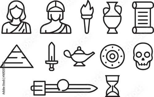 Ancient History Icons Including Pyramid Scroll Torch and Amphora vector illustration