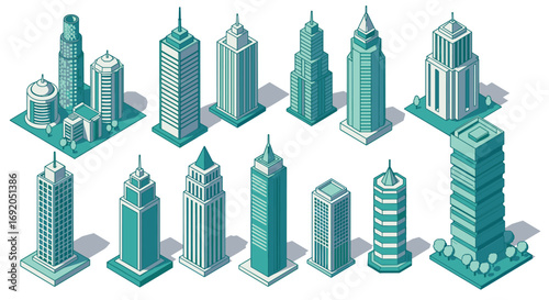 Modern isometric skyscrapers collection for urban development and architecture