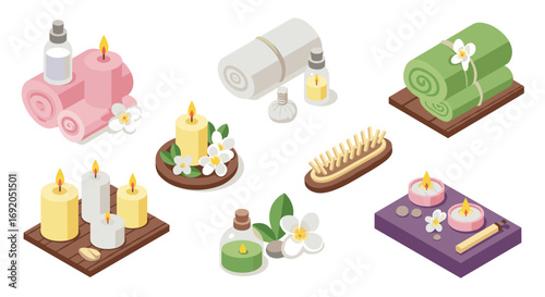 Tranquil spa essentials with aromatic candles and soft towels in isometric design