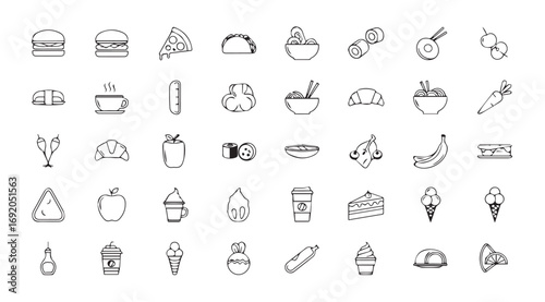 Collection of hand drawn food and drink icons in a silhouette style
