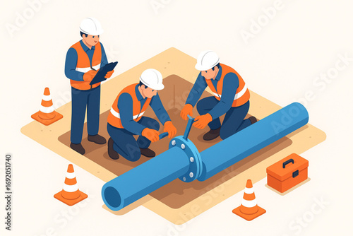 Industrial Engineers Repairing Pipeline System - Isometric Vector Illustration