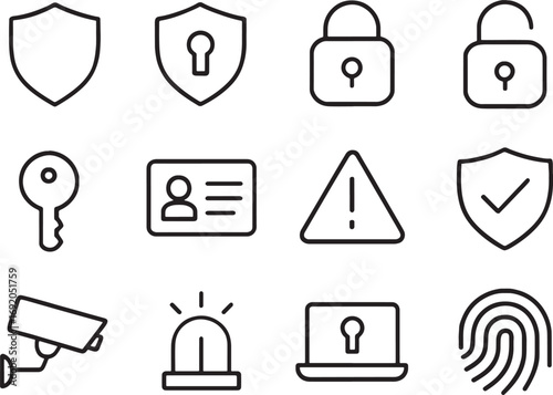 Security and Safety Icons in Black Outline Style shield lock