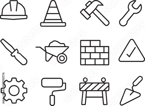 Construction and Tools Icons in Black Outline Style hard hat traffic cone