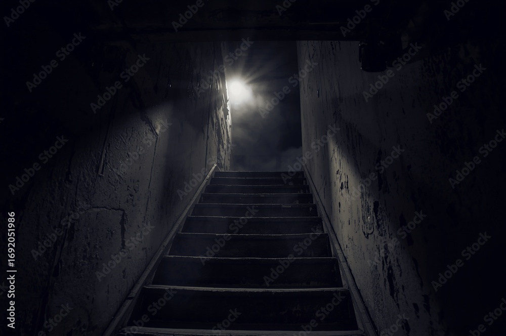 Obraz premium A worn concrete stairway ascends through a narrow, deteriorated corridor. A glowing light at the top breaks the darkness, creating a haunting yet cinematic sense of mystery and anticipation.
