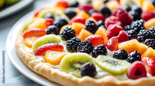 Close up of a fruit pizza with plate on table