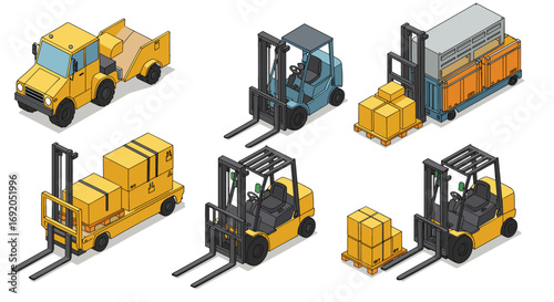 Isometric forklifts and delivery trucks with cargo boxes in warehouse setting