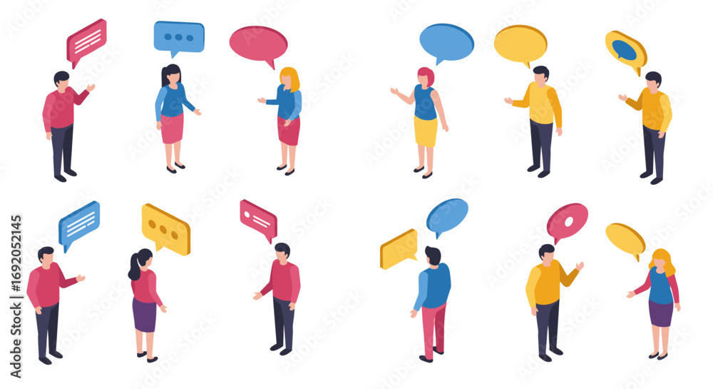 Isometric people engaged in conversations with colorful speech bubbles Isometric people engaged in conversations with colorful speech bubbles