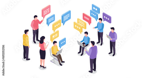 Isometric team communication concept with people and chat bubbles