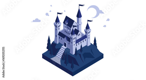Medieval isometric castle with moonlit sky and flags on turrets