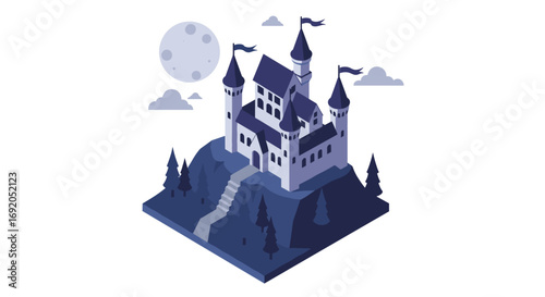 Enchanted medieval castle in isometric night scene with full moon
