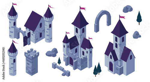 Medieval isometric castle set with towers, trees, and arches in dark purple and gray