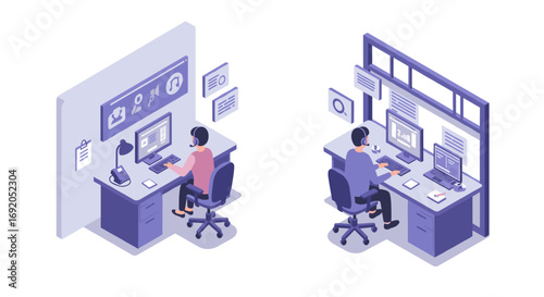 Isometric call center office with employees in headsets working at desks