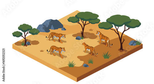 Isometric tiger habitat scene with trees and rocks in a dry landscape