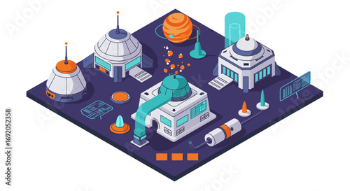 Isometric futuristic space colony scene with domes and technology