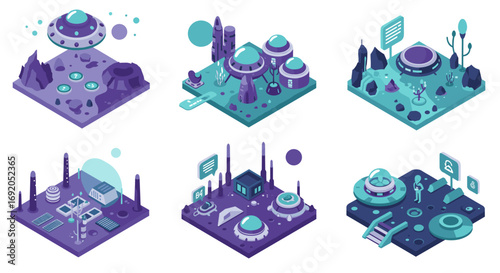 Futuristic isometric alien landscape with spaceships and extraterrestrial buildings