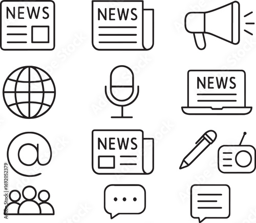 News and Communication Related Line Art Icons Set newspaper megaphone