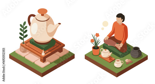 Isometric tea ceremony scene with meditation and teapot setup