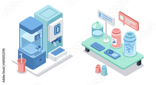 Isometric water dispenser and reusable container depiction for eco-friendly solutions