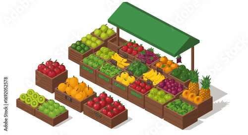 Fresh produce market stall with various colorful fruits in isometric style