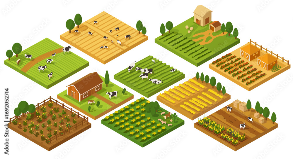 Isometric farming landscape with crops, barns, and grazing cows in 9 sections