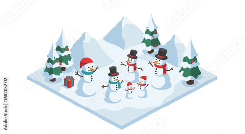 Isometric winter scene with snowmen and festive trees in a snowy landscape