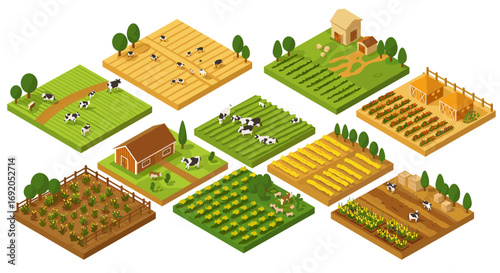 Isometric farming landscape with crops, barns, and grazing cows in 9 sections