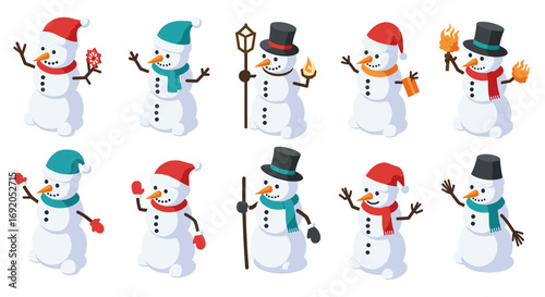 Festive isometric snowmen with holiday hats and accessories