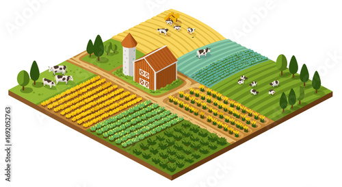 Isometric farm landscape with fields and animals in countryside setting