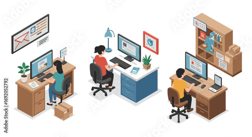 Modern home office isometric workspace with desk, computer, and office supplies