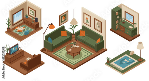 Cozy isometric living spaces featuring modern furniture and decor elements
