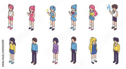 Isometric characters in cute outfits engaging with technology