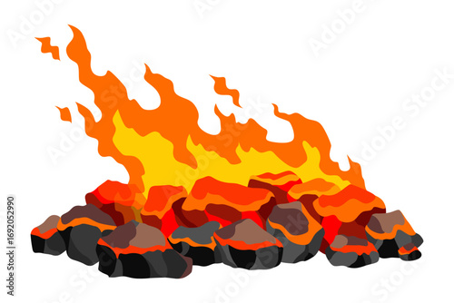 Burning coal. Realistic bright flame fire on coals heap. Closeup vector illustration for grill blaze fireplace, hot carbon or glowing charcoal image