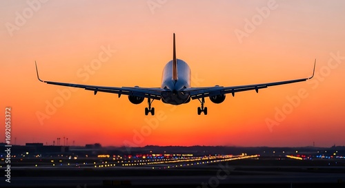 Commercial airplane landing at sunset with vibrant sky, illuminated runway, and airport infrastructure in the background. Editorial-grade aviation moment