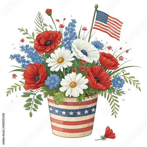 A patriotic bouquet of flowers with an american flag celebrates the fourth of july isolated on transparent background