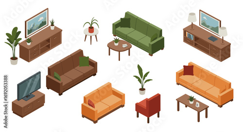Isometric living room furniture set with sofas and plants in modern design