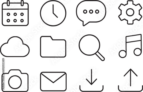 Collection of twelve common application and interface icons in outline style calendar clock