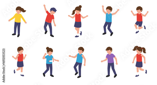 Energetic kids dancing and playing in casual outfits on white background